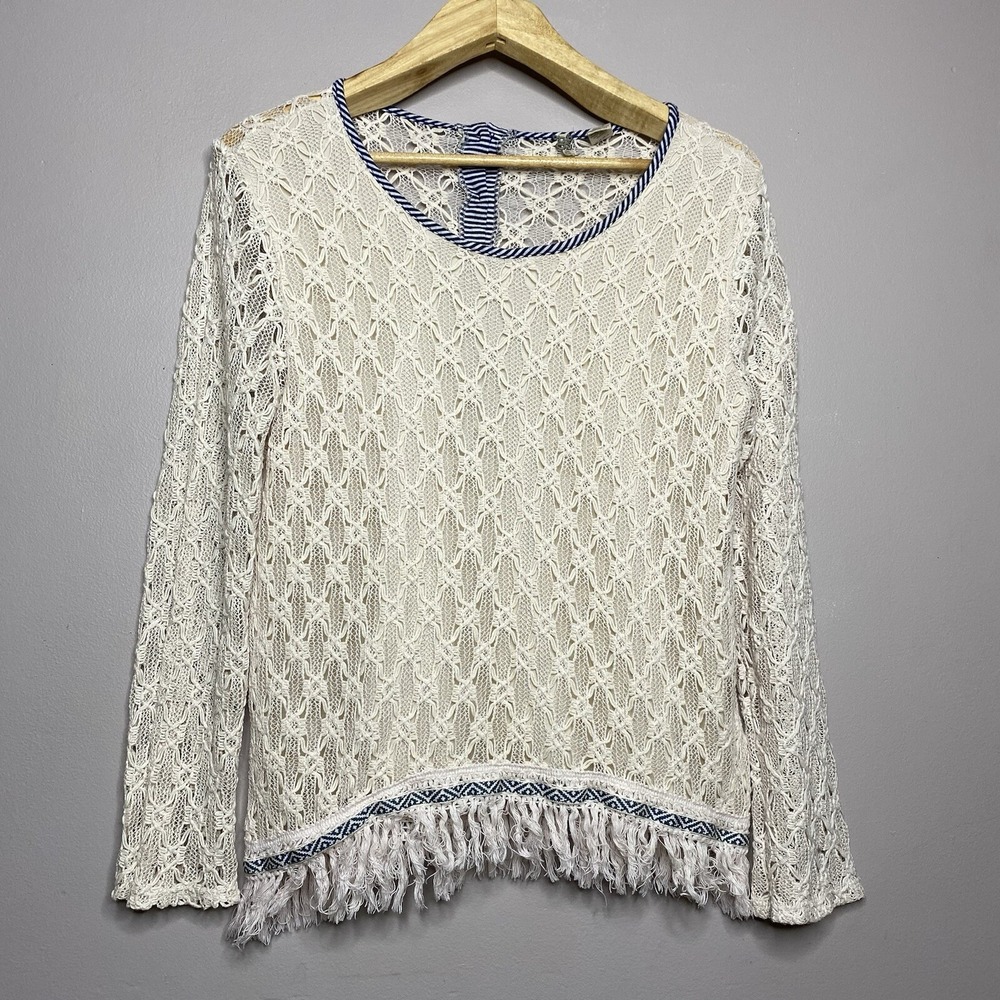 Vintage Gimmick By BKE Cream Lace Crochet Long Sleeve Fringe Hem Top Size L
